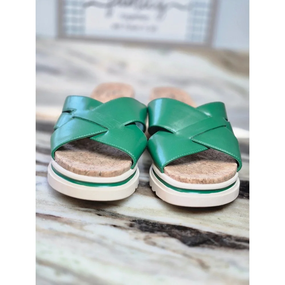 St Johns Bay Moat Green Platform Sandals Cork Memory Foam Slides Womens 9.5W